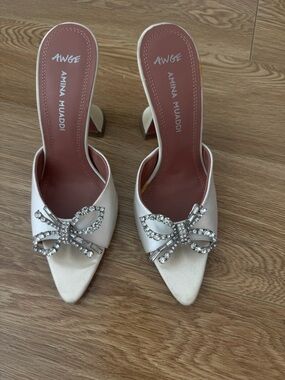 Amina Muaddi Ivory Satin Crystal Bow Pointed Mules